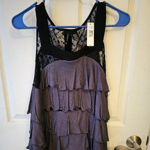 New Directions (Belk) Black/Gray Ruffle & Lace Tank Top, Size Large, NWT